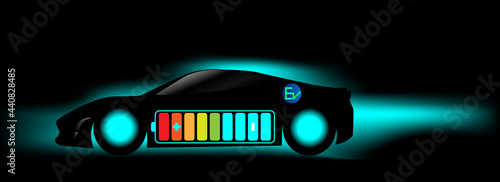 EV Electric car silhouette with low battery. Modern electric car batteries