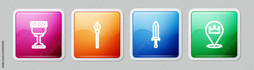 Set line Medieval goblet, spear, sword and Location king crown. Colorful square button. Vector Set line Medieval goblet, spear, sword and Location king crown. Colorful square button. Vector