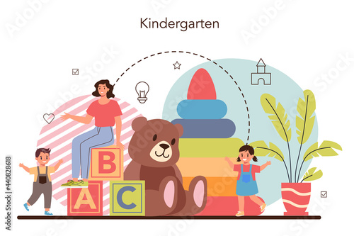 Kindergartener. Professional nany and children doing different activities.