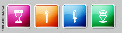 Set line Medieval goblet, spear, sword and Location king crown. Colorful square button. Vector