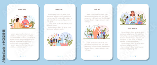 Manicurist service mobile application banner set. Beauty salon worker