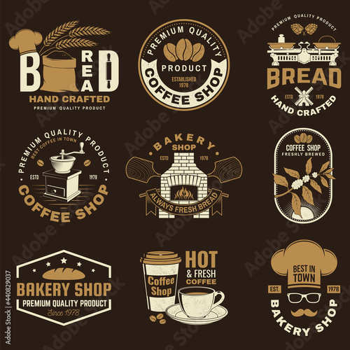 Set of Coffe shop and Bakery shoplogo, badge template. Vector. Design with dough, wheat ears, old oven, coffee cup silhouette. Template for menu for restaurant, cafe, bar, identity