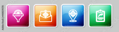 Set line Lead management, Mail and e-mail, Target sport and Clipboard with graph chart. Colorful square button. Vector