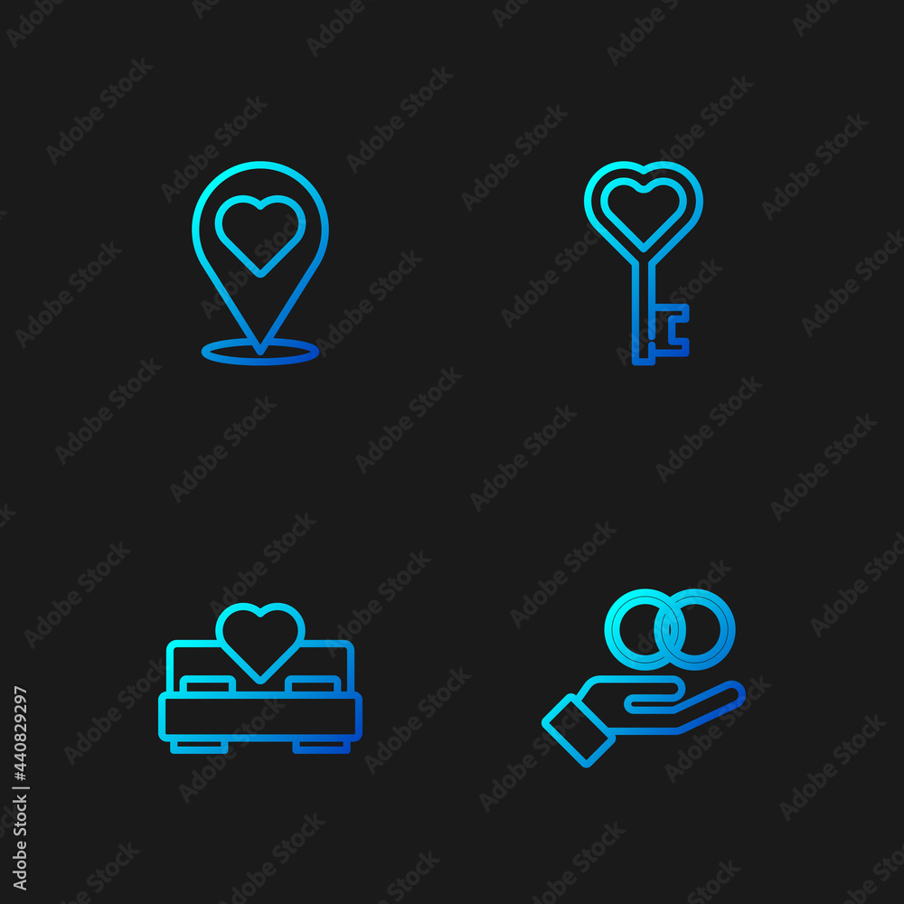 Set line Wedding rings, Bedroom, Location with heart and Key shape. Gradient color icons. Vector Set line Wedding rings, Bedroom, Location with heart and Key shape. Gradient color icons. Vector