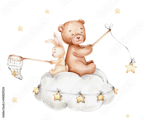 Poster Lapin de dessin animé et ours en peluche assis sur le nuage ;  illustration dessinée à la main à l&#39;aquarelle ; avec fond isolé blanc -  Nikkel-Art.fr