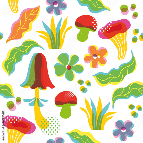 Seamless pattern with leaves and  mushrooms. Fabric design  summer background