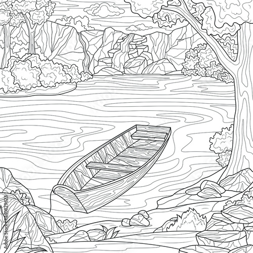 Boat on the lake. Scenery.Coloring book antistress for children and adults. Illustration isolated on white background.Zen-tangle style. Hand draw photo