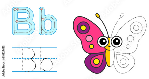Trace the letter and picture and color it. Educational children tracing game. Coloring alphabet. Letter B and funny cartoon Butterfly