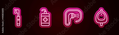 Set line Electric toothbrush, Hand sanitizer bottle, Shower and Toilet urinal or pissoir. Glowing neon icon. Vector