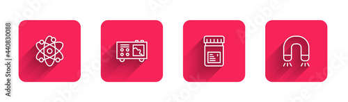 Set line Atom, Spectrometer, Jar with additives and Magnet with long shadow. Red square button. Vector