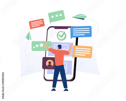Man standing in front of smartphone with website on screen. Concept of UI or UX design, user experience, touchscreen.