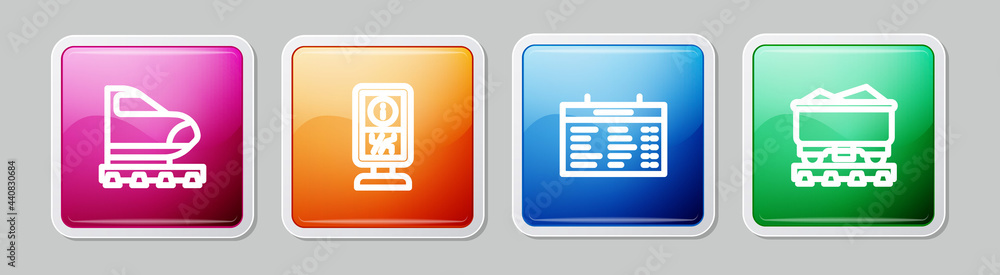 Set line High-speed train, Information stand, Train station board and Coal wagon. Colorful square button. Vector Set line High-speed train, Information stand, Train station board and Coal wagon. Colorful square button. Vector