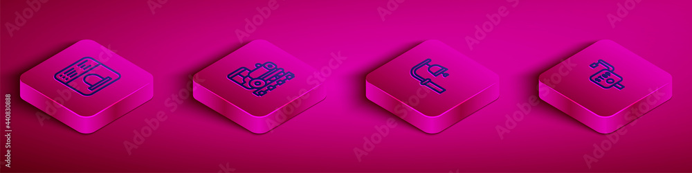 Set Isometric line Ticket office to buy tickets, Vintage locomotive, Train station bell and Emergency brake icon. Vector Set Isometric line Ticket office to buy tickets, Vintage locomotive, Train station bell and Emergency brake icon. Vector