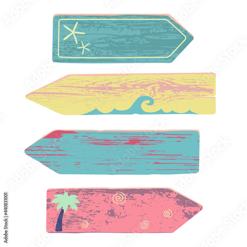 Vector colorful beach arrows with elements and wood texture