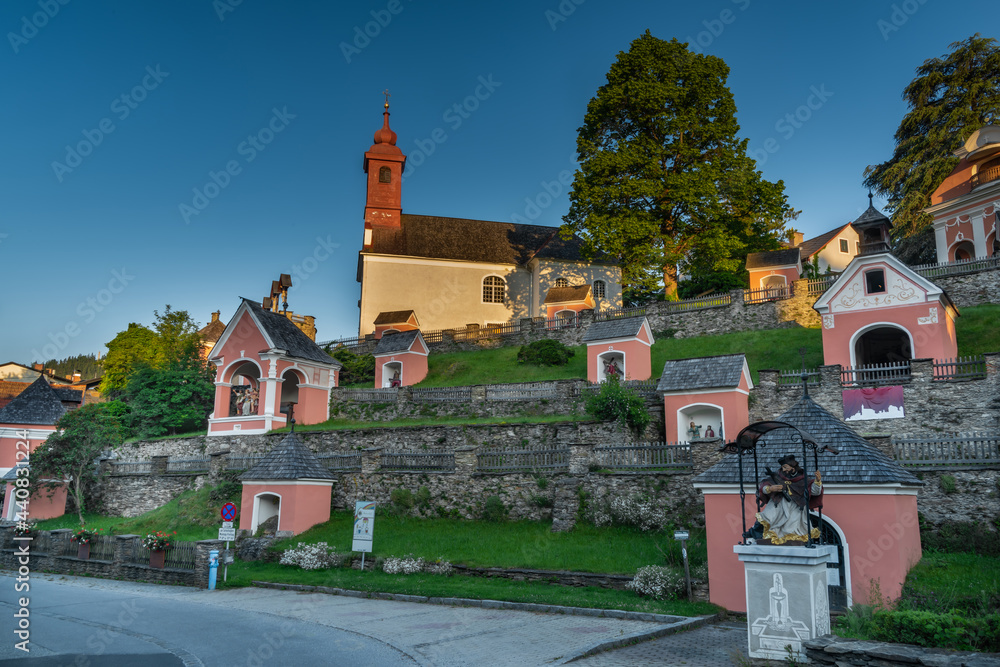 Kalvarienbergkirche church with many of chapels on small hill in summer morning