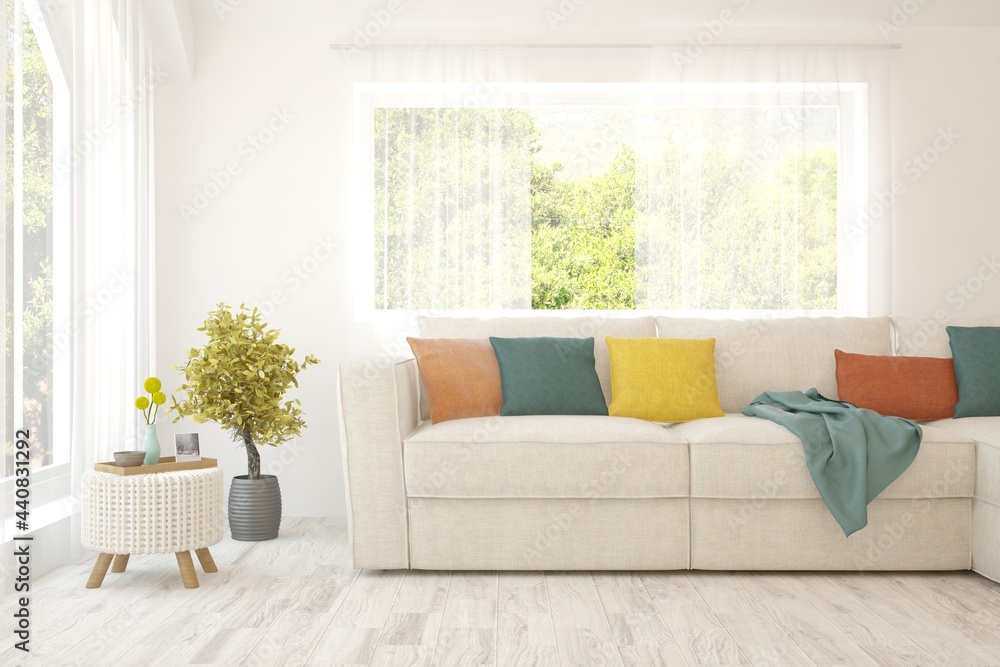 White living room with sofa and summer landscape in window. Scandinavian interior design. 3D illustration White living room with sofa and summer landscape in window. Scandinavian interior design. 3D illustration