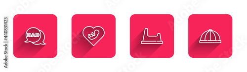 Set line Speech bubble dad, Baby inside heart, potty and hat with long shadow. Red square button. Vector