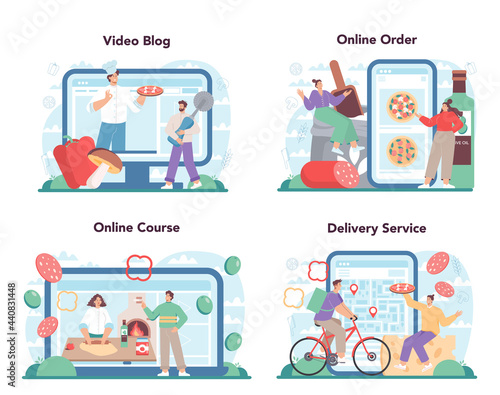 Pizzeria online service or platform set. Chef cooking tasty delicious pizza