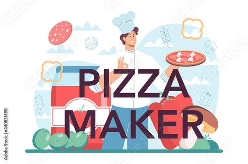 Pizza maker typographic header. Chef cooking tasty delicious pizza