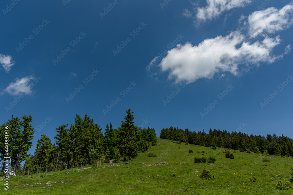 Schockl hill and Ehrenfels castle near Sankt Radegund town in summer morning