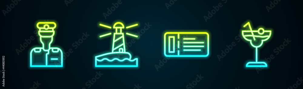 Set line Captain of ship, Lighthouse, Cruise ticket and Cocktail. Glowing neon icon. Vector Set line Captain of ship, Lighthouse, Cruise ticket and Cocktail. Glowing neon icon. Vector