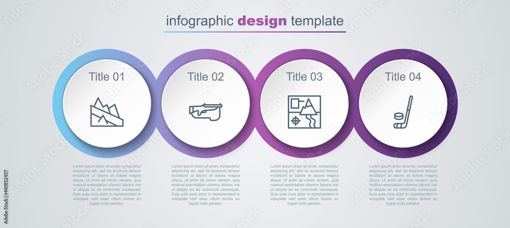 Set line Mountain descent, Biathlon rifle, Folded map and Ice hockey stick and puck. Business infographic template. Vector Set line Mountain descent, Biathlon rifle, Folded map and Ice hockey stick and puck. Business infographic template. Vector