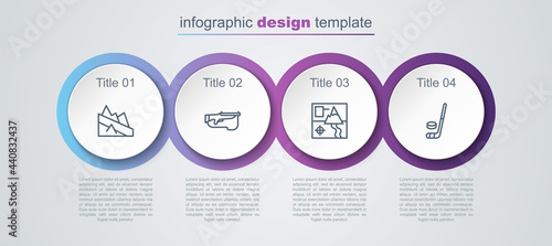 Set line Mountain descent, Biathlon rifle, Folded map and Ice hockey stick and puck. Business infographic template. Vector