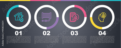 Set line Fire in burning house, hose reel, Phone with emergency call 911 and Firefighter. Business infographic template. Vector