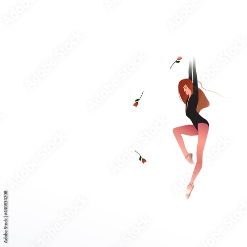 ballerina hovers in the air in a dance. Grace, slim waist, beautiful young girl, graceful posture. They give her flowers. Flat vector cartoon illustration. Dance and Art Theater