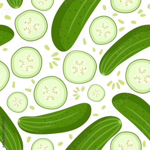 Seamless pattern with cucumber. Fresh farm vegetables backdrop. Ingredients for cooking. Flat design style for menu, cafe, restaurant digital paper, wallpaper, fabric, poster, promotional material