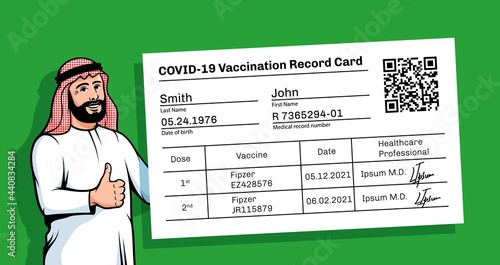 Arab with a vaccination certificate. Muslim with Covid-19 vaccination card. Vector illustration.