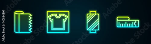 Set line Textile fabric roll, Sewing pattern, thread on spool and Tape measure. Glowing neon icon. Vector