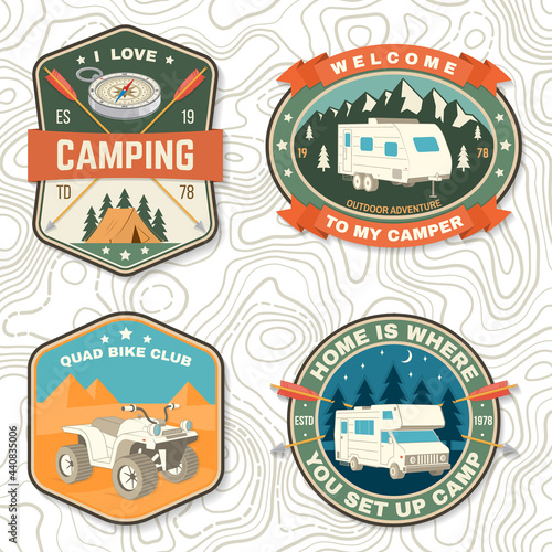 Set of camping badges. Vector Patch or sticker. Concept for shirt or logo, print, stamp or tee. Vintage typography design with quad bike, tent, mountain, camper trailer and forest silhouette.