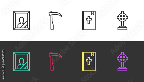 Set line Mourning photo frame  Scythe  Holy bible book and Grave with cross on black and white. Vector