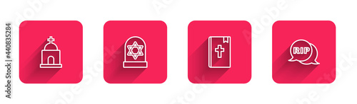 Set line Old crypt, Grave with star of david, Holy bible book and Speech bubble rip death with long shadow. Red square button. Vector