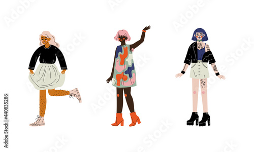 Young Diverse Woman Standing Loving Their Body and Appearance as Self Acceptance Vector Set