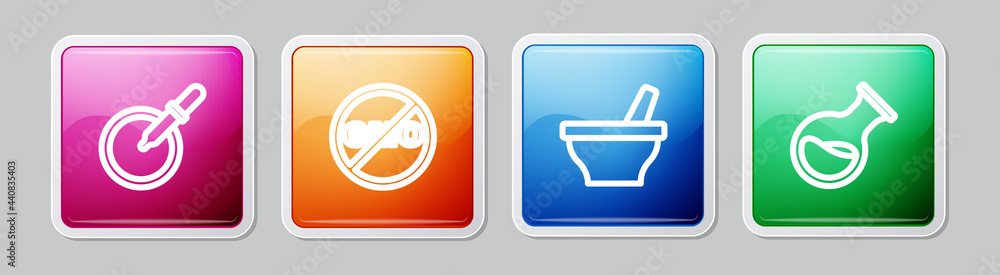Set line Petri dish with pipette, No GMO, Mortar and pestle and Test tube flask. Colorful square button. Vector Set line Petri dish with pipette, No GMO, Mortar and pestle and Test tube flask. Colorful square button. Vector