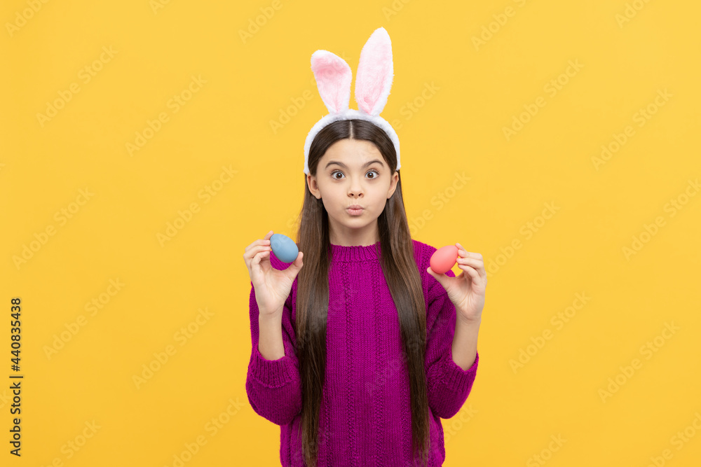 cute teen child in bunny ears holding colorful easter eggs, easter egg cute teen child in bunny ears holding colorful easter eggs, easter egg