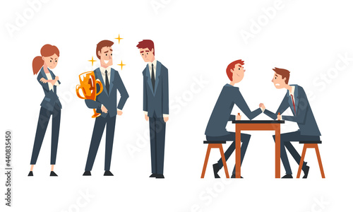 Business Competition and Rivalry with Man Arm Wrestling and Gaining Award Vector Set