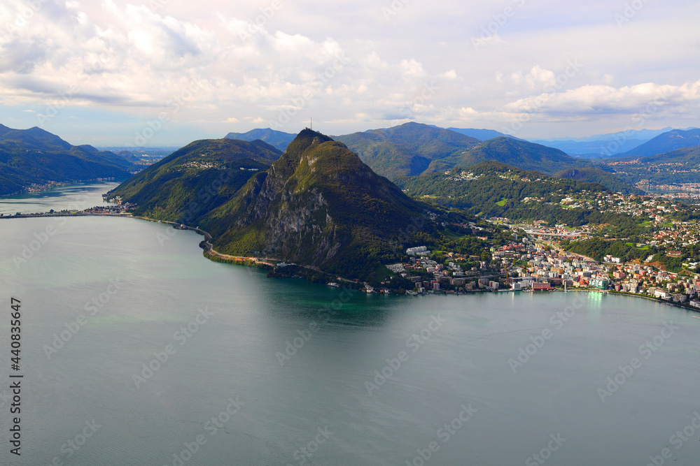 View of Lake Lugano from the mountain Monte Bre. Switzerland, Europe.  