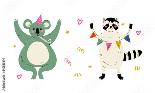 Cute Animal with Garland and Whistle Celebrating Birthday Party Vector Set