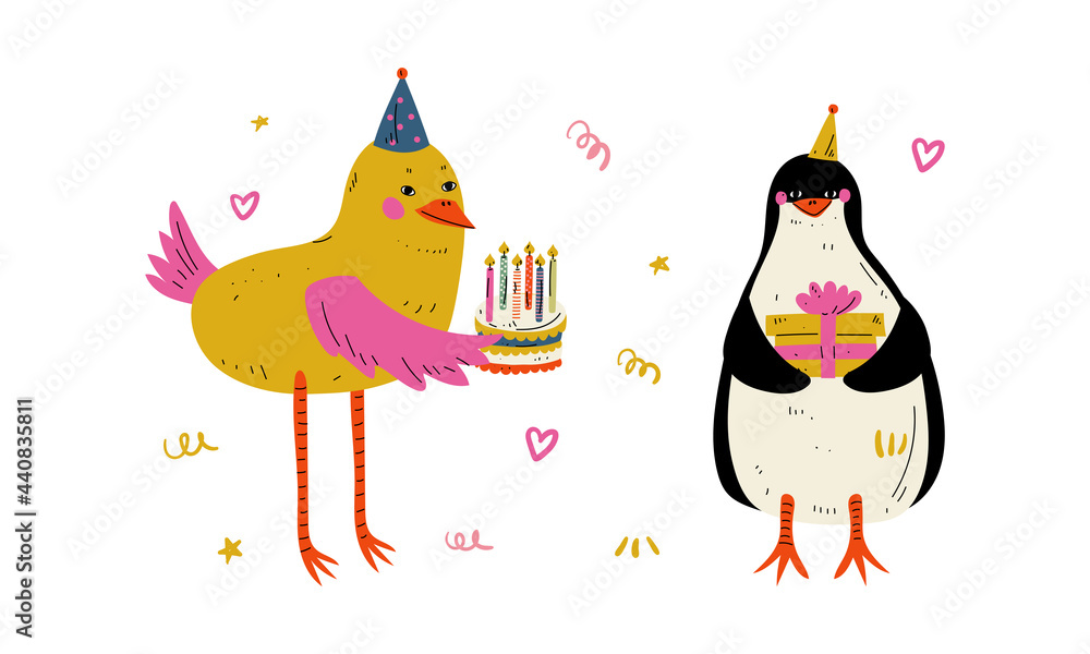 Cute Animal with Gift Box and Cake Celebrating Birthday Party Vector Set