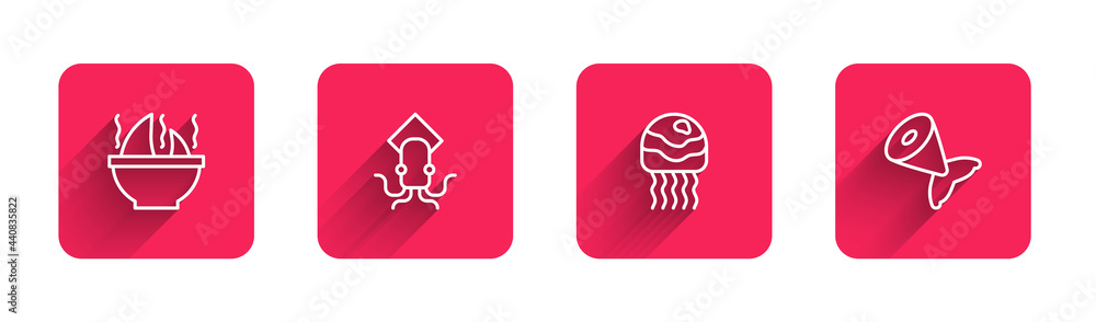Set line Shark fin soup, Octopus, Jellyfish and Fish tail with long shadow. Red square button. Vector Set line Shark fin soup, Octopus, Jellyfish and Fish tail with long shadow. Red square button. Vector