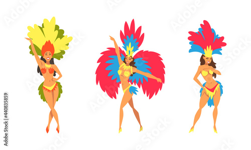 Bright Brazilian Female Samba Dancer Posing in Feathered Costume Vector Set