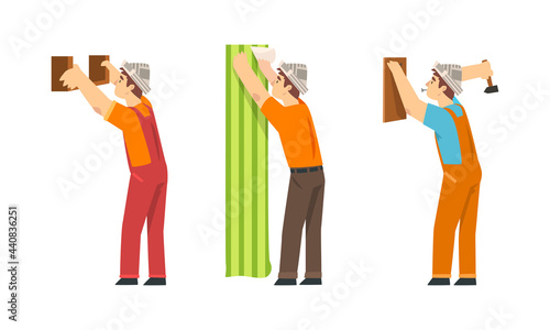 Male Construction Worker Doing Renovation at Home Vector Set