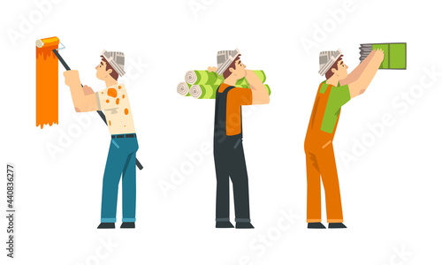 Male Construction Worker Doing Renovation at Home Vector Set