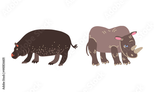Rhinoceros and Hippo as African Animal Vector Set