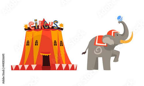 Traveling Chapiteau Circus with Tent and Elephant with Ball Performing Trick Vector Set