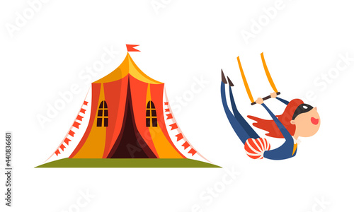 Traveling Chapiteau Circus with Tent and Woman Acrobat Performing Trick Vector Set