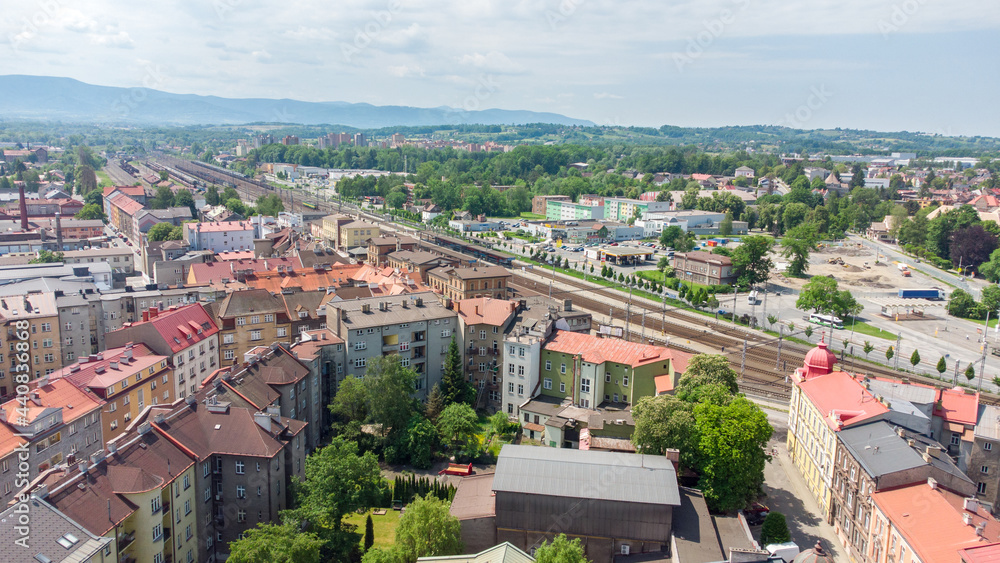 Aerial view on city center of Cesky Tesin in Czech Republic. City view from bird sight. Cesky Tesin is located on the Polish-Czech border.